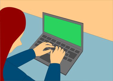 Evde dizüstü bilgisayarda çalışan çizgi film kızı. Eğitim, çevrimiçi hayat, sohbet, arama bilgileri, internet hizmeti. Laptop kullanan genç bir kadının arka planı, yeşil ekran, kromakey