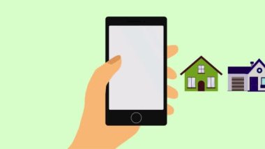 Cep telefonuyla ev almak ya da kiralamak. Erkek ya da kadın el kameralı evler, yeni bir ev seçiyor. Modern cihaz, akıllı telefon, emlak uygulaması. Emlak konsepti satın almak. Emlak