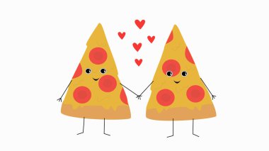 Sevimli pizza dilimleri aşkta el ele tutuşur. Çizgi film renkli yemek çizimi. Etrafta kalpleri olan lezzetli pizza karakterleri. Yemek aşkı, Sevgililer Günü kartı.