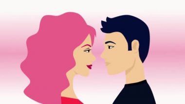 Çekici karikatür beyaz kadın pembe saçlı ve erkek profili giderek yaklaşıyor. Kız ve erkek birbirine sevgiyle bakıyor. Romantizm, şefkat, duygular. Sevgililer Günün kutlu olsun.