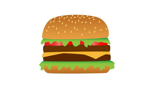 Vektör hamburger ikonu. Marul Domatesli çizburger, beyaz arka planda izole edilmiş soğanlı peynirli biftek. Fast food. Et ve taze organik sebzeler. Lezzetli çizgi film hamburgeri