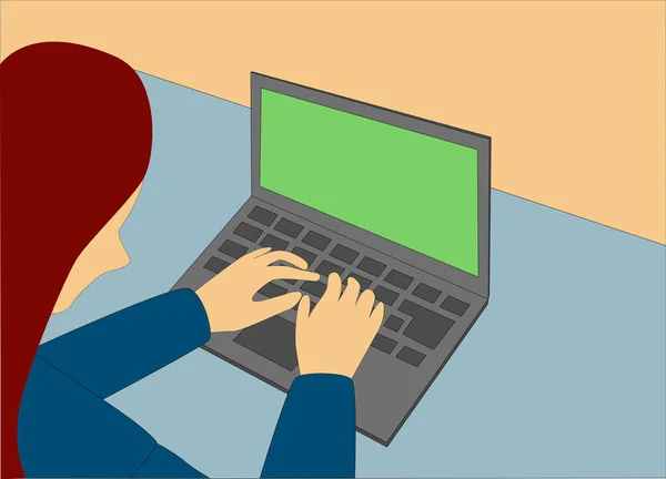 Evde dizüstü bilgisayarda çalışan çizgi film kızı. Eğitim, çevrimiçi hayat, sohbet, arama bilgileri, internet hizmeti. Laptop kullanan genç bir kadının arka planı, yeşil ekran, kromakey