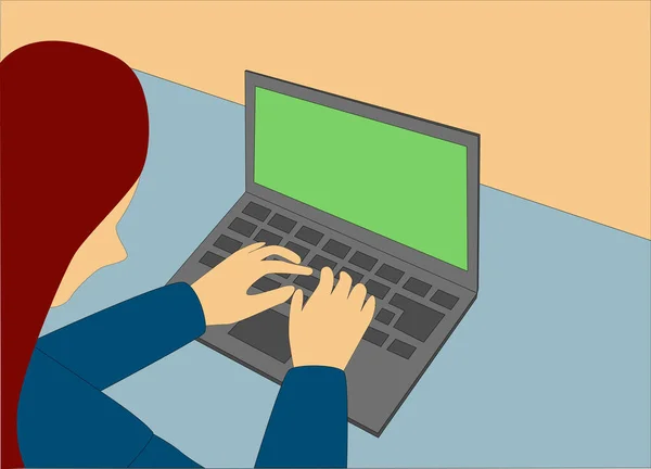 Menina Dos Desenhos Animados Trabalhando Laptop Casa Educação Vida Line —  Vetores de Stock