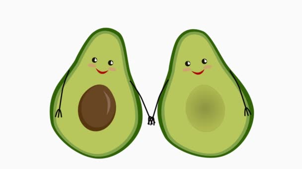Cute Funny Cartoon Avocado Couple Love Two Avocado Halves Holding — Stock Video