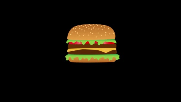 Frisse Geanimeerde Cartoon Burger Verschijnen Zwarte Achtergrond Schitteren Met Goddelijk — Stockvideo