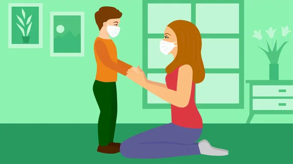 Anne evde genç oğlu için tıbbi maske takıyor. Enfeksiyonu durdur. Coronavirus karantinası. Evde kal. Sağlık hizmeti konsepti. Bulaşıcı hastalıklara karşı maske, Coronavirüs, MERS-CoV, Covid-19, grip, hava kirliliği