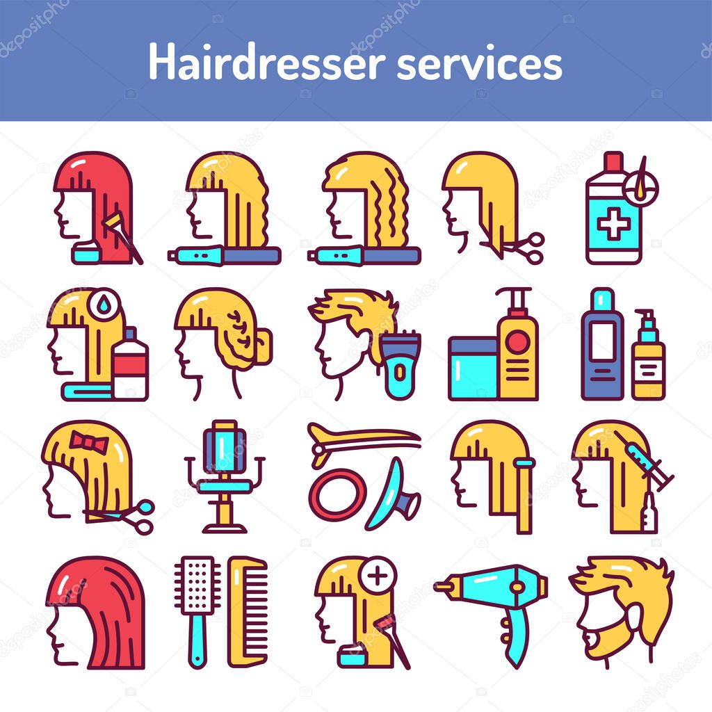 Hairdresser service color line icons set. Beauty industry. 