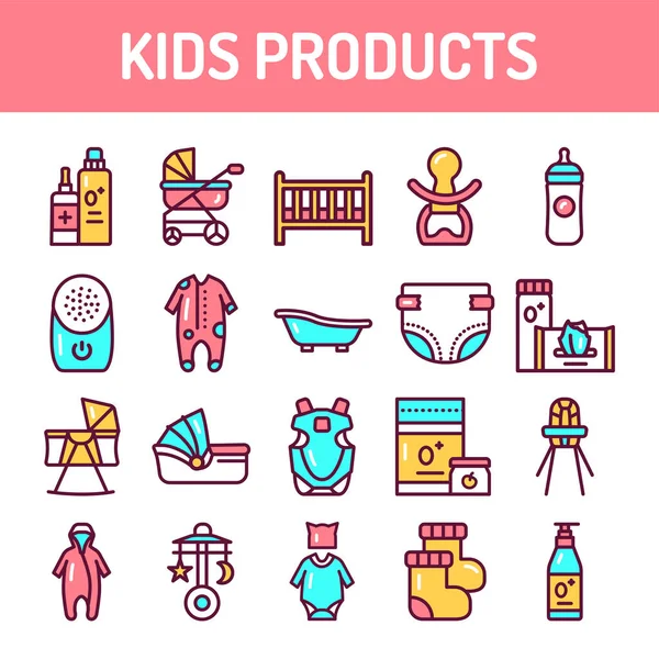 Crianças produtos conjunto de ícones de linha de cor. Elemento vetorial isolado. Delinear pictogramas para página web, aplicativo móvel, promo —  Vetores de Stock