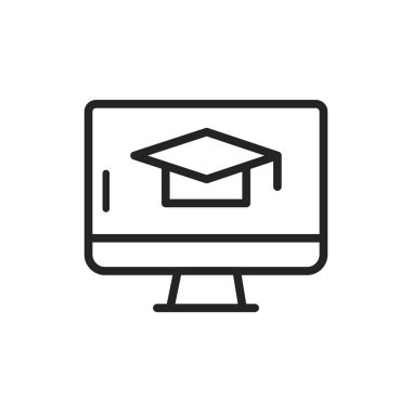 Siyah çizgi simgesini öğrenme mesafesi. Çevrimiçi eğitim kursları. Ev tatili. İzole vektör ögesi. 