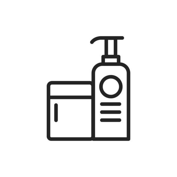 Kosmetické výrobky: šampon, kondicionér černá čára ikona. Kosmetický průmysl. — Stockový vektor
