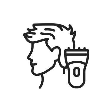 Erkek saç kesimi siyah çizgi ikonu. Berber dükkanı. Çizgi resim grafiği