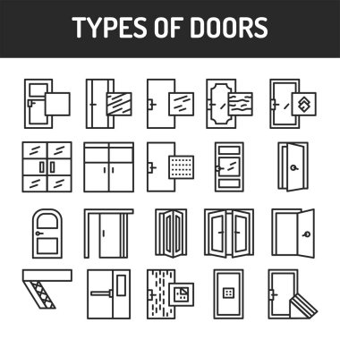 Types of doors black line icons set. Material steel. Isolated vector element. Outline pictograms for web page, mobile app, promo