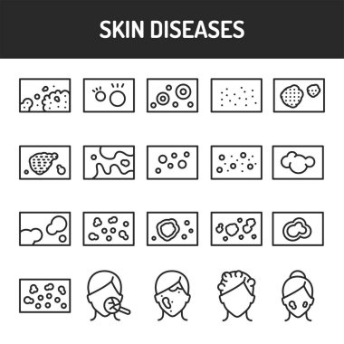 Deri hastalıkları siyah çizgi simgeleri ayarlandı. İzole vektör elementi. Web sayfası, mobil uygulama, tanıtım için resim çizimleri