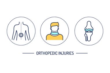 Ortopedik yaralanmalar renk çizgisi simgeleri ayarlandı. Yaralardan sonra rehabilitasyon. İzole vektör ögesi.