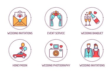 Marriage color line icons set. Wedding agency. Isolated vector element. Outline pictograms for web page, mobile app, promo.