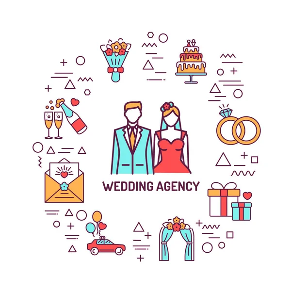 Hochzeitsagentur Web-Banner. Infografiken mit linearen Symbolen auf weißem Hintergrund. Kreatives Ideenkonzept. Vereinzelte farbige Umrisse — Stockvektor
