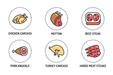 Et ve balık renk çizgisi simgeleri ayarlandı. İzole vektör elementi. Web sayfası ve mobil uygulama için resim çizimleri.