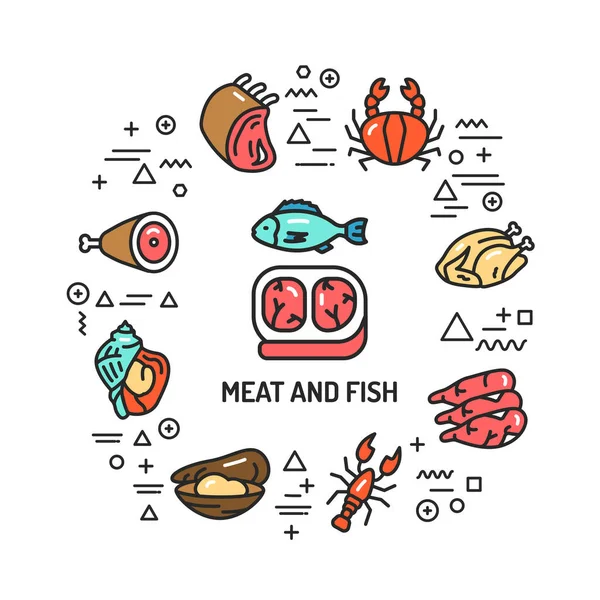 Carne Pesce Banner Web Infografica Con Icone Lineari Sfondo Bianco — Vettoriale Stock