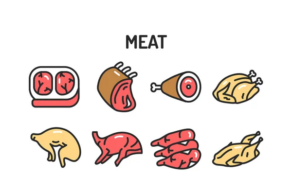 Set Icone Della Linea Colore Carne Pesce Elemento Vettore Isolato — Vettoriale Stock