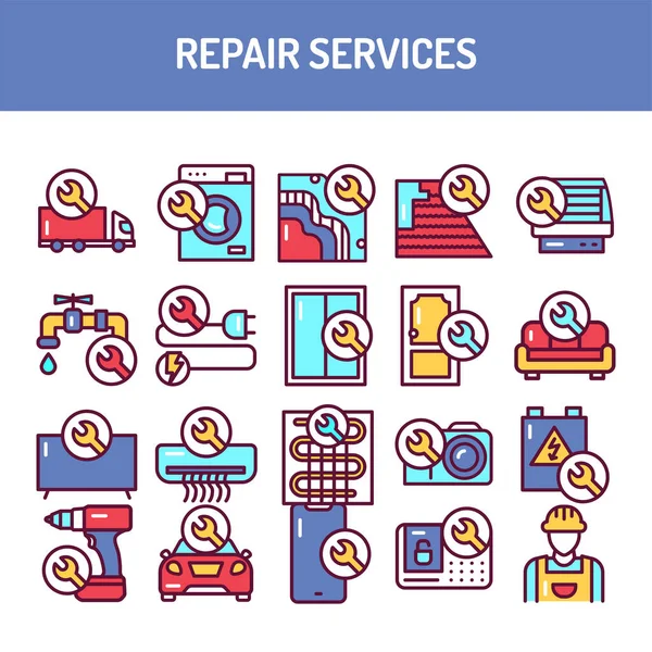 Repair Servises Line Icons Set Isolated Vector Element Outline Pictograms — Stock Vector