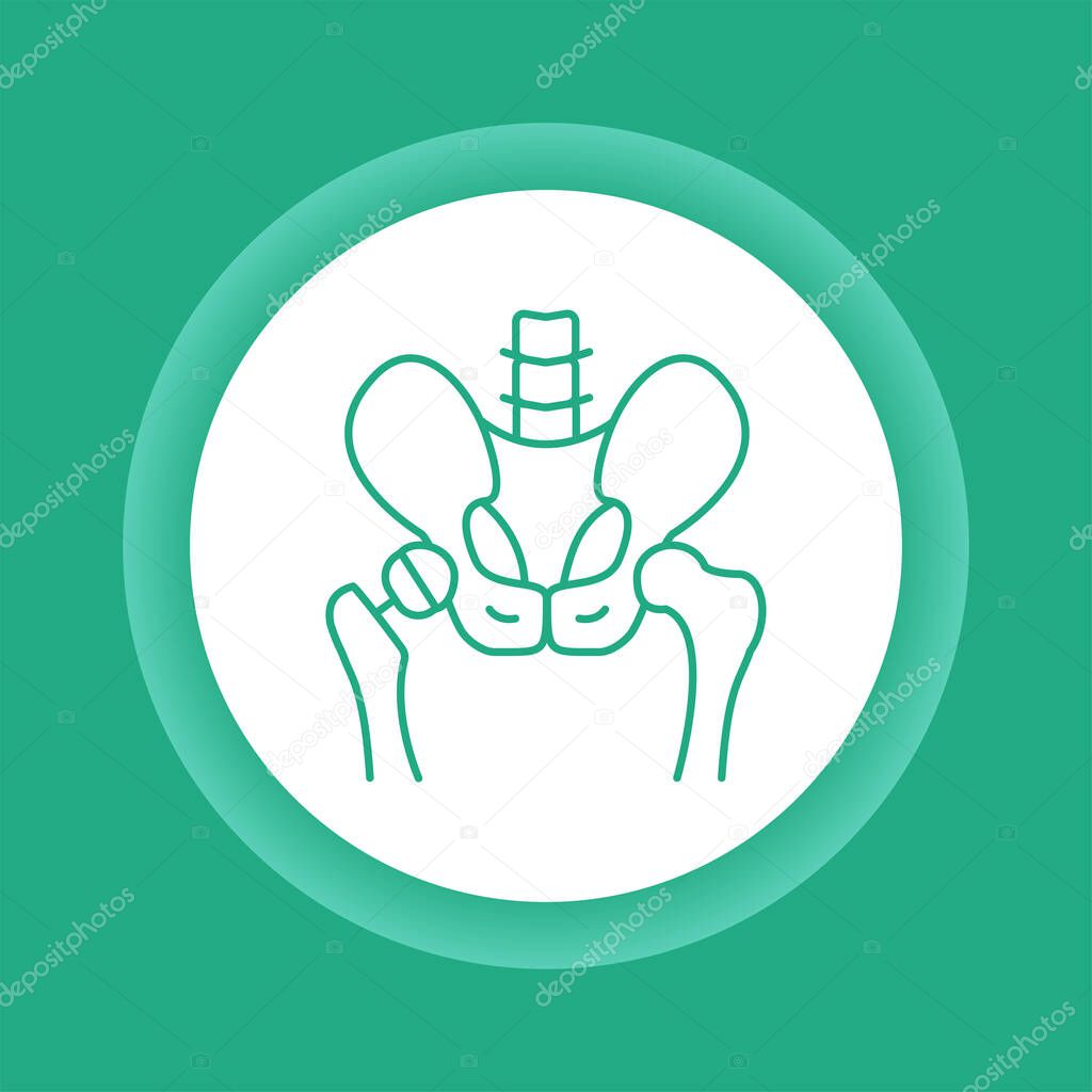 Arthroplasty color button icon. Hip replacement implant installed in the pelvis bone. Isolated vector element.