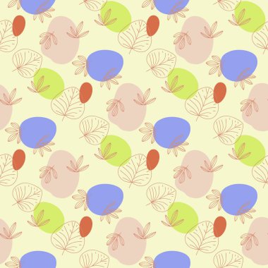 El yapımı doğrusal yaprakları soyut renkli damlaların üzerine çizen modern botanik desenler. Tekstil tasarımı için mükemmel duvar kağıdı ambalajı ve doğal temalı projeler. 