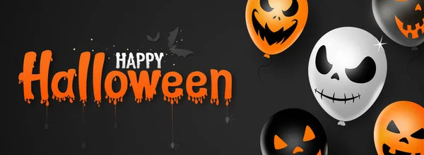 Happy Halloween Text Banner Scary Balloons Bats Spider Isolated Black — стоковый вектор