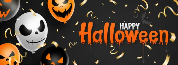 Happy Halloween Text Banner Scary Balloons Bats Spider Isolated Black — стоковый вектор