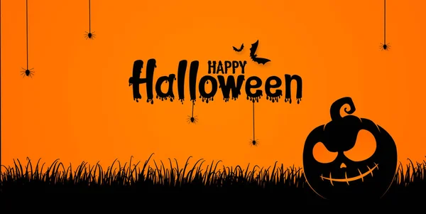 Happy Halloween Text Banner Scary Pumpkin Face Grass Field Bats — стоковый вектор