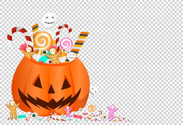 Fondo Fiesta Halloween Con Cesta Calabaza Llena Caramelos Dulces Galletas — Vector de stock
