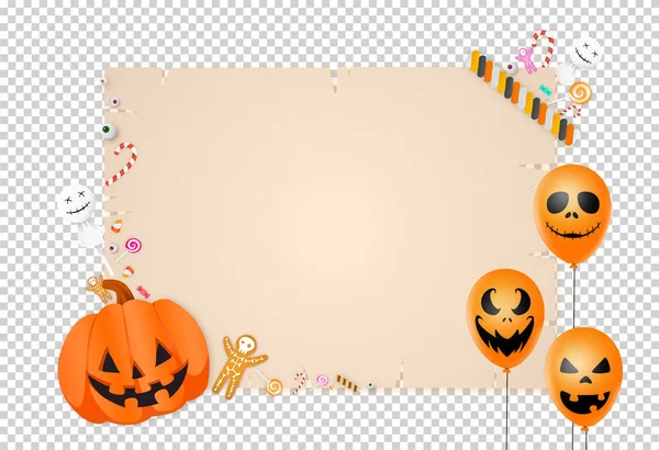 Halloween Party Hintergrund Mit Kürbiskorb Bonbons Süßigkeiten Luftballons Augen Isoliert — Stockvektor