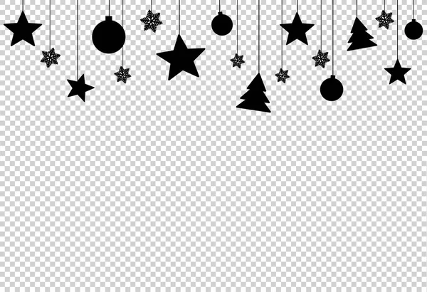 Siyah düz Noel süslemesi, yıldız, top, png veya şeffaf arkaplanda en tepeden sarkan ağaç, metin için alan, bayrak şablonu, Yeni Yıl, doğum günleri, lüks kart, vektör 