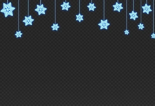 Üstten sarkan neon tarzı kar taneleri, png veya şeffaf arkaplanda izole edilmiş Noel süslemeleri, metin için alan, bayrak şablonu, Yeni Yıl, Doğum Günleri, illüstrasyon vektörü 