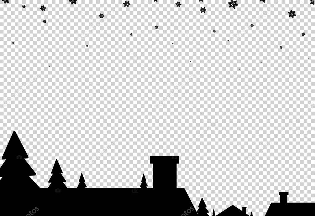 House roof with chimney in Christmas  night, snowflake falling  isolated  on png or transparent  background, space for text, sale banner template , New Year, luxury card, vector