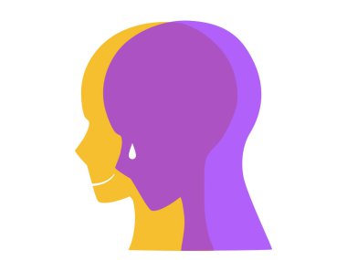 Akıl sağlığı, beyin gelişimi tıbbi tedavi, bipolar konsept, iki insan kafası gülümsemesi, ağlama, üç boyutlu üzgün yüz, vektör çizimi 