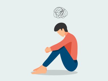 Zihinsel sağlık, hastalık, beyin gelişimi, tıbbi tedavi konsepti, üzgün adam kafasının üstünde karmaşık düşünce çizgileriyle oturur, vektör illüstrasyonu 