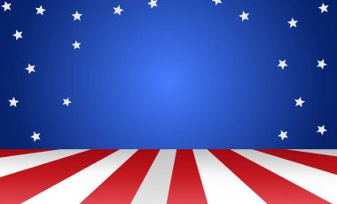 Tahta sahnede Amerikan bayrağı arka planı, ABD sembolleri, pankart, reklam, reklam, reklam, TV reklamı, reklamlar, web tasarımı, poster, vektör illüstrasyonu 