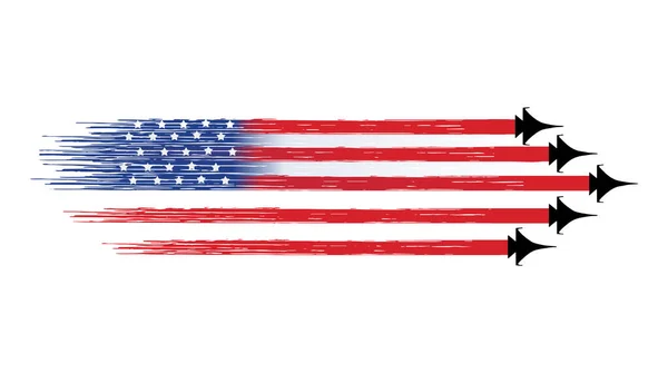 Amerikanische Flagge Mit Militärischen Kampfjets Auf Weißem Hintergrund Symbole Der — Stockvektor