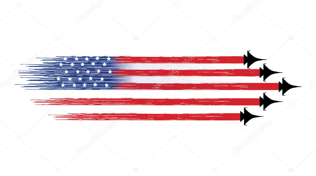 American flag with military fighter jets isolated on white background ,Symbols of USA , template for banner,card,advertising ,promote, TV commercial, ads, web design,poster, vector illustration 