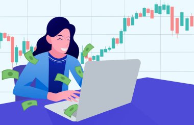 Kadınlar dizüstü bilgisayarda borsa ticareti, şamdan grafik alıp satma, internet üzerinden para kazanma, vektör illüstrasyonları.  