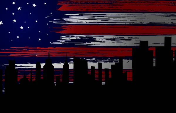 Bandeira Americana Pintada Com Pincel Céu Noturno Fundo Cidade Símbolos — Vetor de Stock