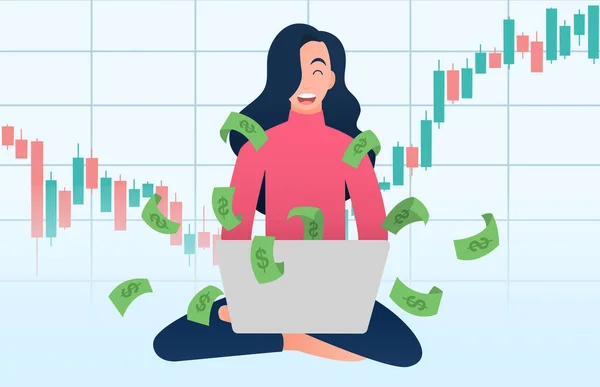 Kadınlar dizüstü bilgisayarda borsa ticareti, Candlestick grafik alım satım tabelaları, genç para yatırım konseptleri, internet para kazanma çalışmaları, internet üzerinden para kazanma, vektör illüstrasyonları.  