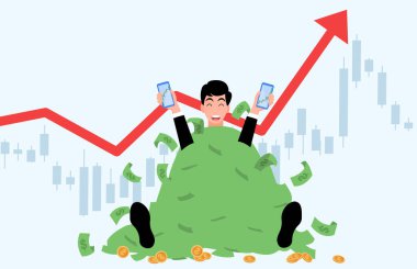 Gençler büyük bir para yığınının içinde oturuyorlar akıllı telefon, borsa ticareti kar, yatırım konseptleri, Candlestick grafik satışı, tabela satın alma ve satma para kazanma, bir sürü para kazanma, vektör kazanma