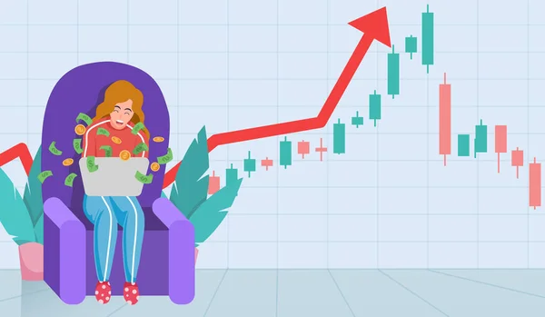 Молоді Жінки Торгують Акціями Ринку Ноутбуків Отримують Прибуток Графік Свічок — стоковий вектор