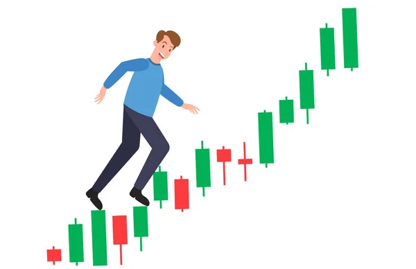 Szczęśliwy Młody Człowiek Chodzący Wykresie Świecznik Kupić Sprzedać Znak Obrotu — Wektor stockowy