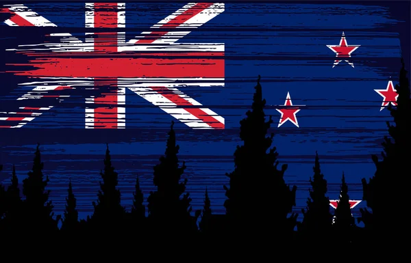 Neuseeland Flagge Gemalt Mit Pinselstrich Auf Nachthimmel Waldhintergrund Symbole Von — Stockvektor