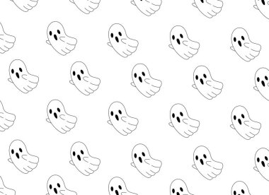 Beyaz hayalet deseni beyaz arkaplanda izole edildi, Mutlu Cadılar Bayramı afişi, metin için boş alan, poster için element şablonu, broşürler, çevrimiçi reklam, vektör illüstrasyonu 