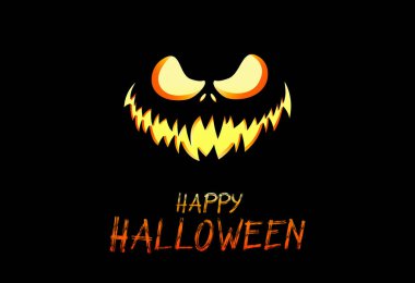 Cadılar Bayramı partisinin arka planında siyah dokuya izole edilmiş korkunç balkabağı yüzü, Cadılar Bayramı metni, poster için element şablonu, broşürler, çevrimiçi reklamlar, vektör ilülasyonu 