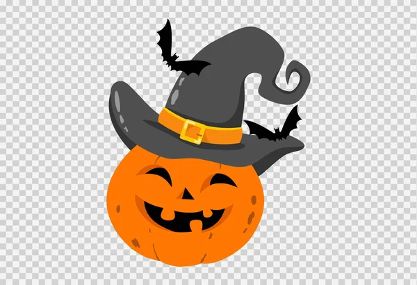 Halloween Party Background Happy Pumpkin Wears Witches Hat Smiling Flying — Stock Vector