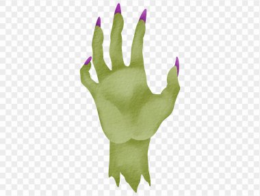 Cadılar Bayramı korkunç gece vektörü için suluboya yeşil zombi el çizimi.